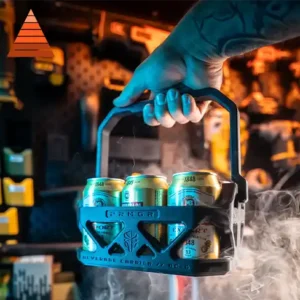Side view of the 3D printed beverage carrier showing the lattice structure